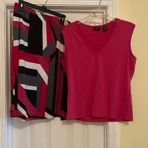 Print skirt with pink sleeveless v-neck top